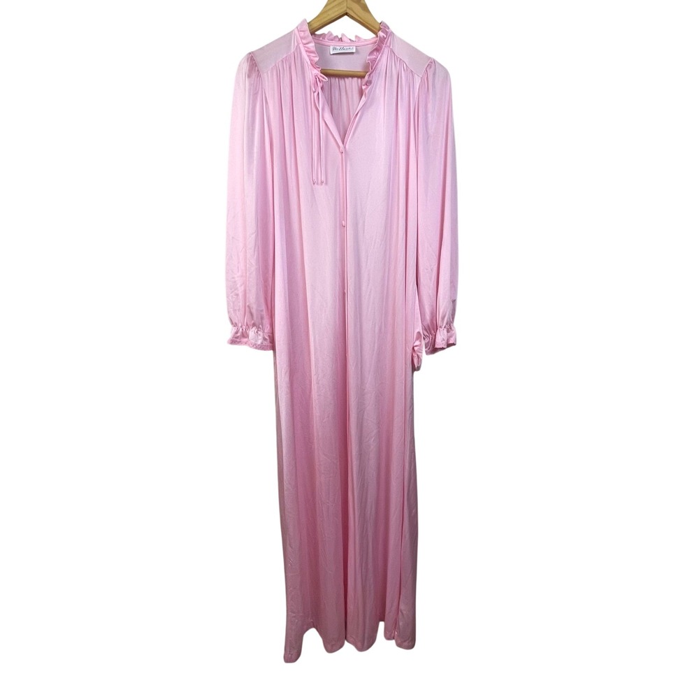 Miss Elaine Womens Nightgown Robe Pink Long Sleeve‎ Ruffle Tie Neck Medium Nylon